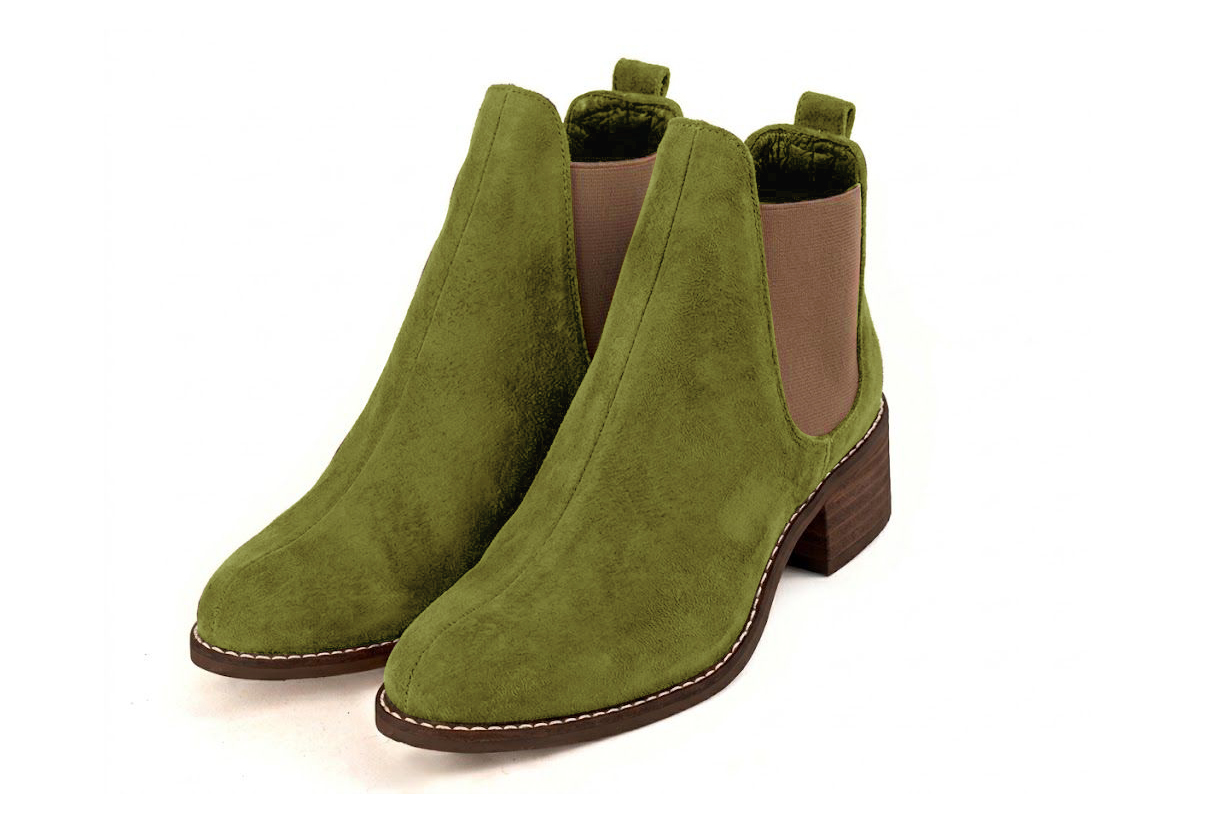 Women's pistachio green and bronze solid-color chelsea boots with round toe and leather sole - Front view